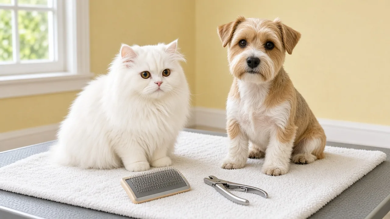 A fluffy white Persian cat and a small freshly groomed terrier sitting on a towel on a grooming table, with a brush and nail clippers